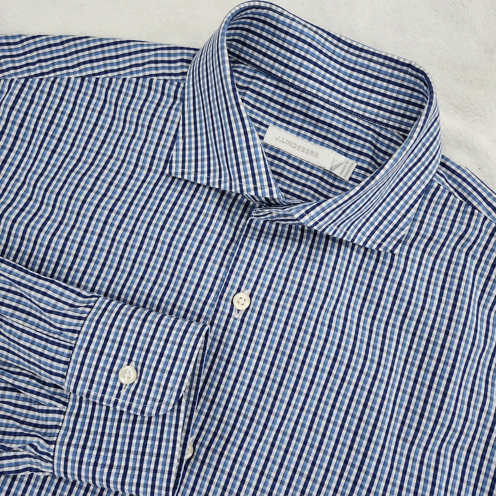 J.LINDEBERG Men’s Cotton Dress‎ Shirt Blue Gingham Check Button Up Shirt  41/16